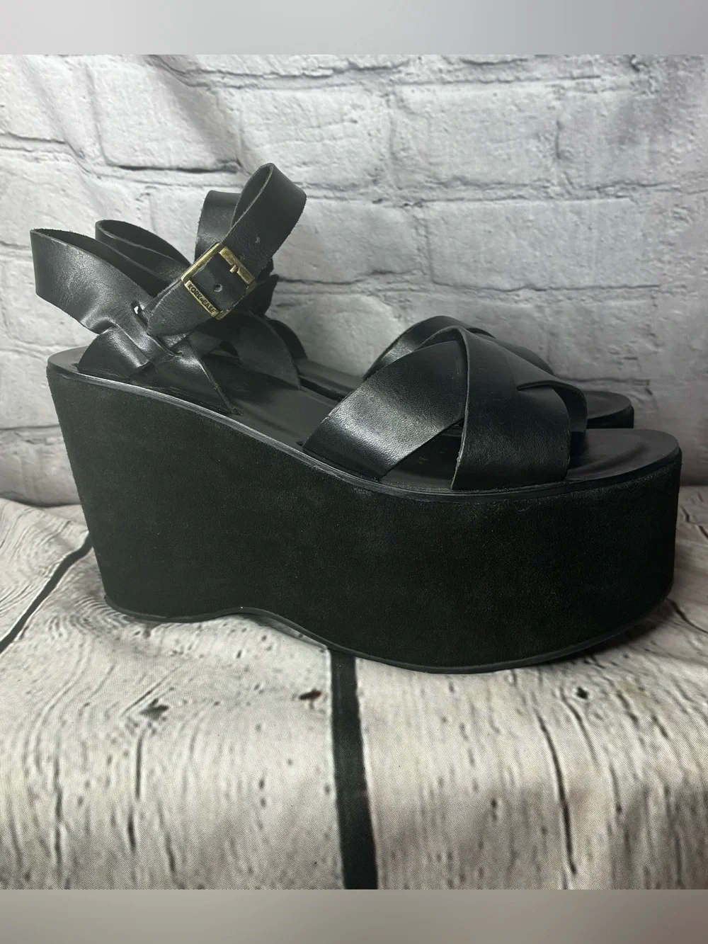 Vtg Kork-Ease Goth Bratz Black Chunky Suede Platform Leather Strappy Sandals 9